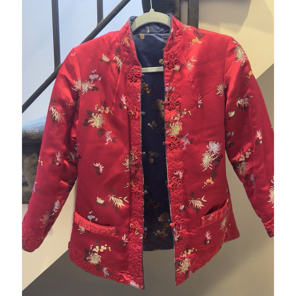 Vintage PEONY Brand Shanghai reversible satin asian jacket red black Sz. S
